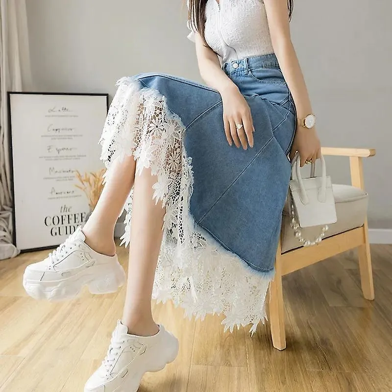 Jwl-jean Skirts Women Harajuku Lace Midi Vintage A-line Irregular Ddenim Umbrella Skirt Lace Stitching Summer Korean Fashion Clo