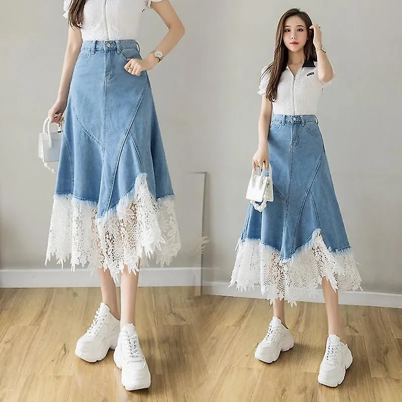 Jwl-jean Skirts Women Harajuku Lace Midi Vintage A-line Irregular Ddenim Umbrella Skirt Lace Stitching Summer Korean Fashion Clo