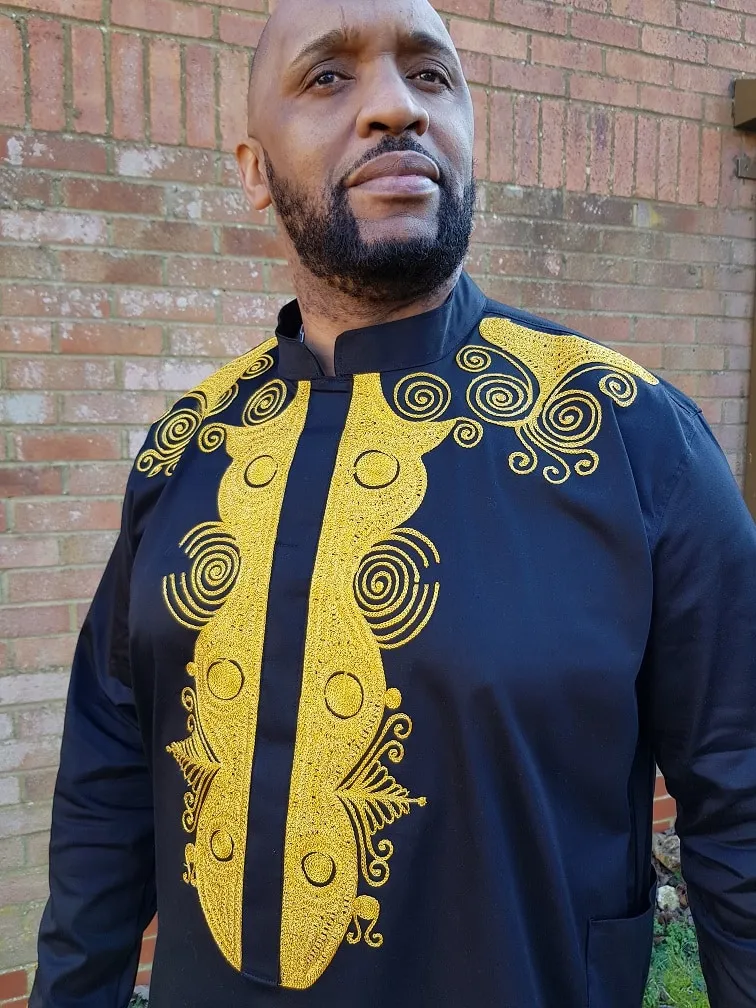 Kabelo Black & Gold Abstract Embroidery Shirt - African Clothing Store | JT Aphrique