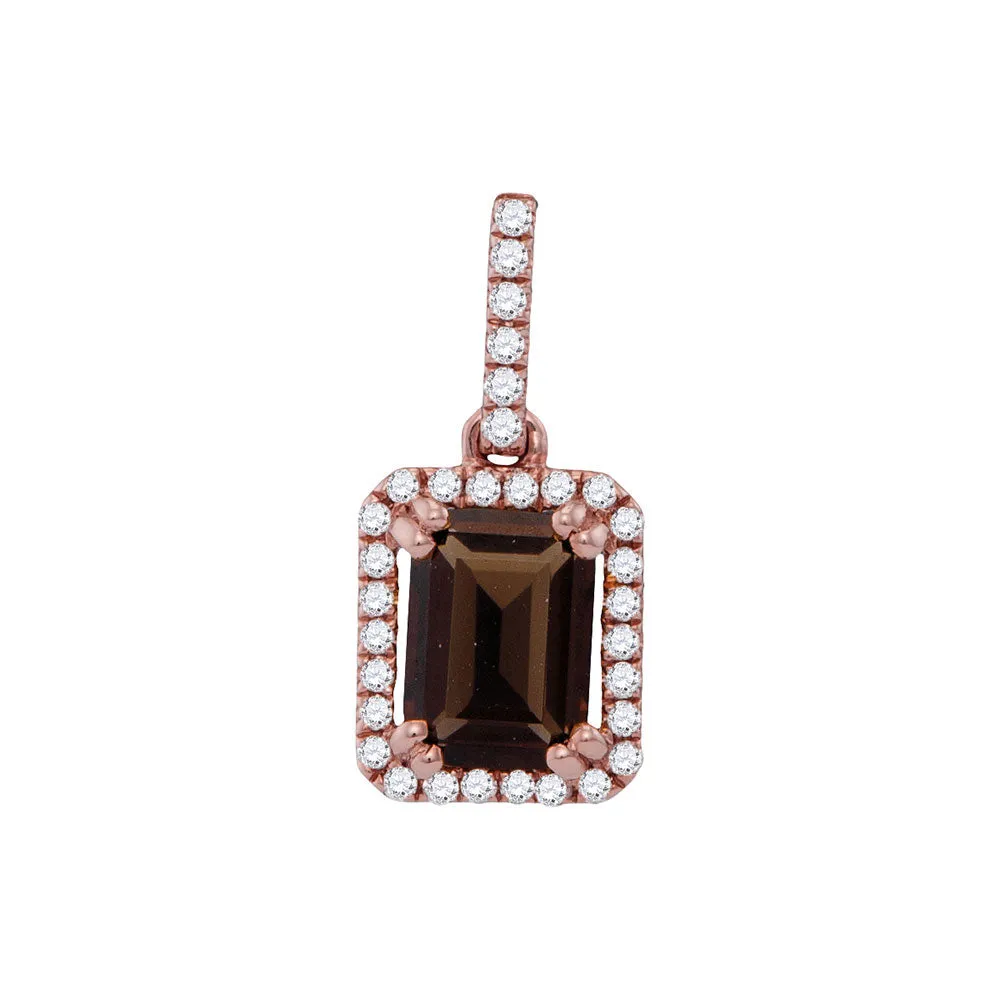 Keene Jewelers 14kt Rose Gold Womens Emerald Smoky Quartz Diamond Solitaire Pendant 1/8 Cttw