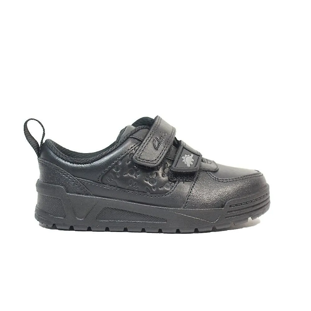 Kids Clarks Palmer Steggy Kids | Black Leather | Boys Rip Tape School Shoes