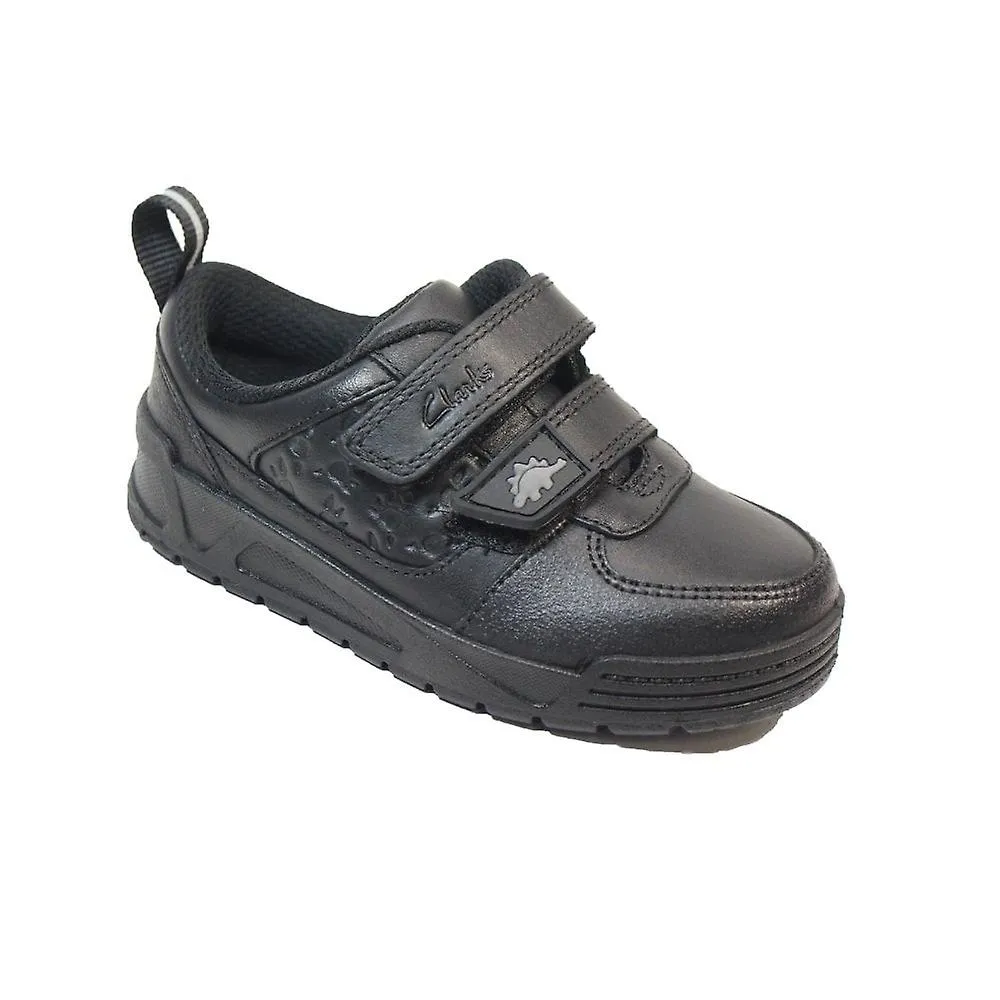 Kids Clarks Palmer Steggy Kids | Black Leather | Boys Rip Tape School Shoes