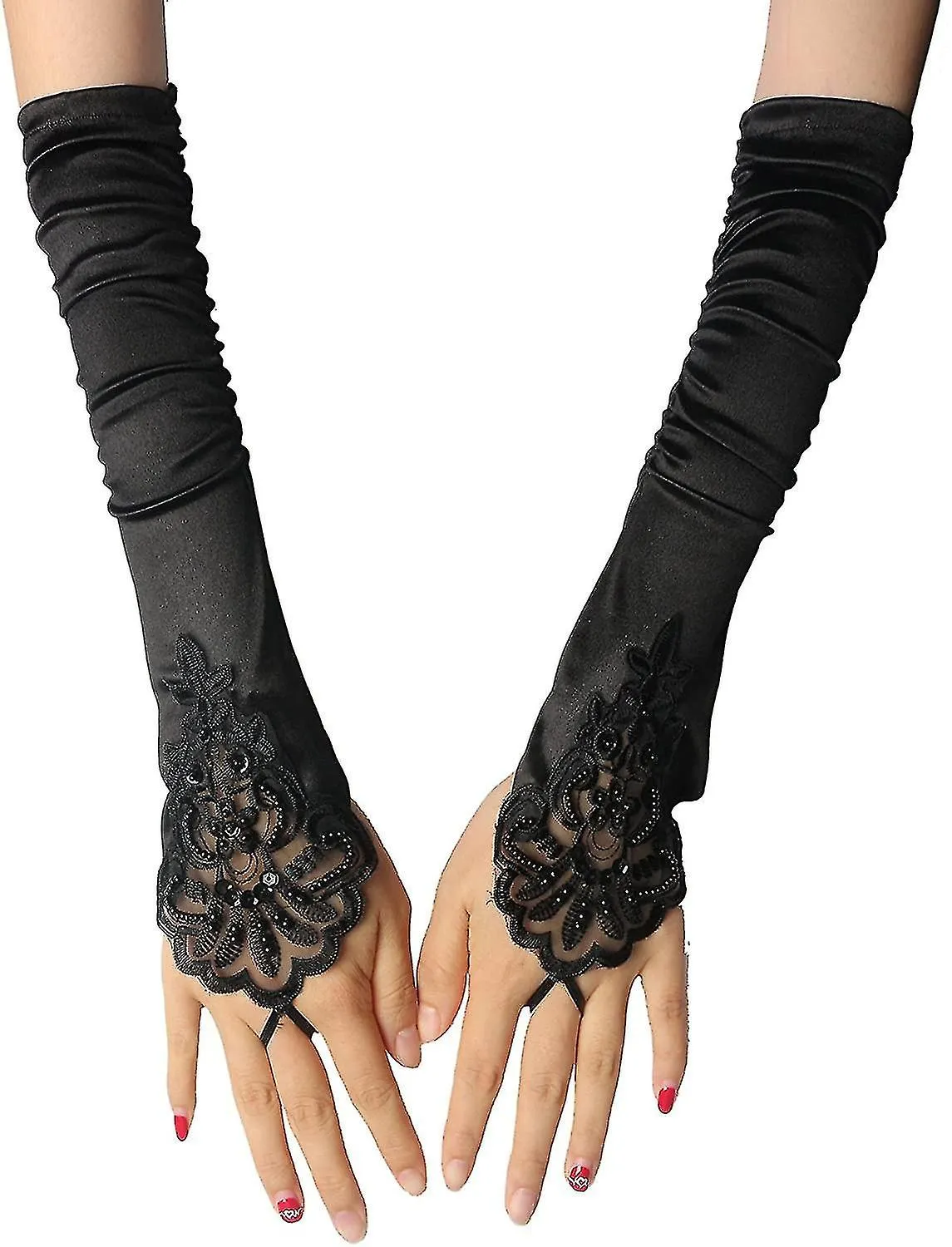 Long Pleated Bridal Fingerless Beaded Embroidery Wedding Dress Black Lace Gloves