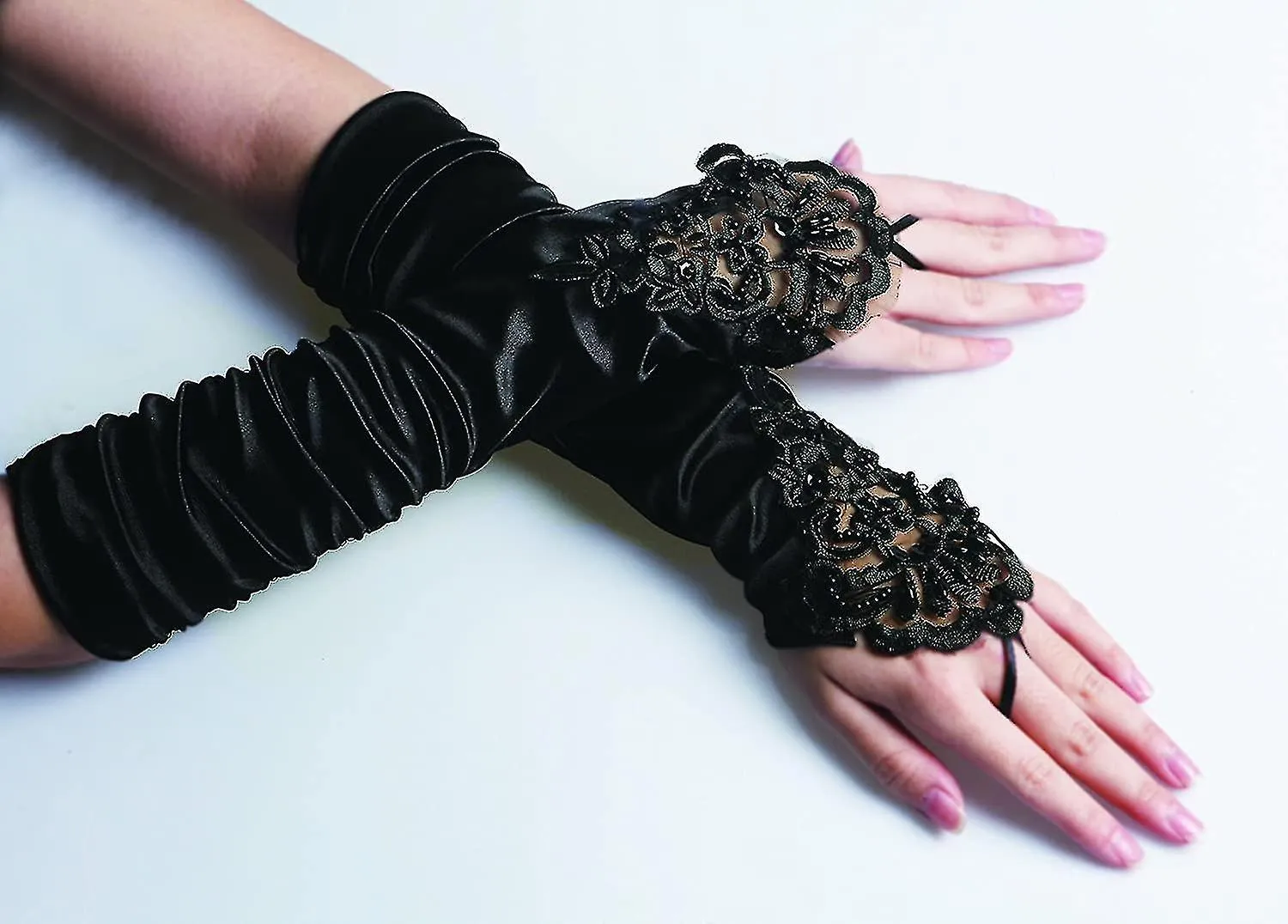 Long Pleated Bridal Fingerless Beaded Embroidery Wedding Dress Black Lace Gloves