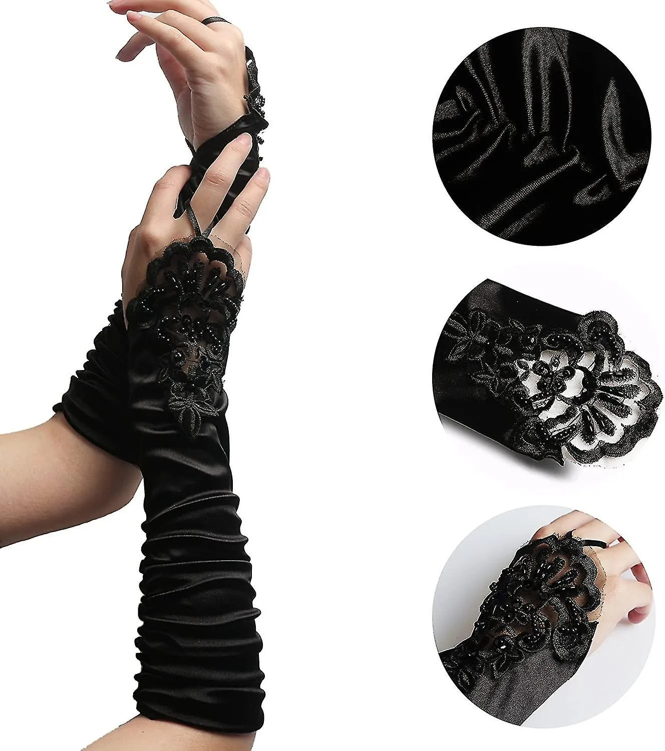 Long Pleated Bridal Fingerless Beaded Embroidery Wedding Dress Black Lace Gloves