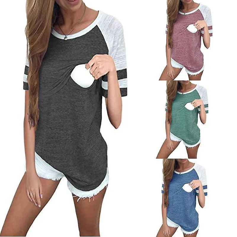 Maternity Breastfeeding Tee Nursing Tops Striped Colorblock Short Sleeve T-shirt Plus Size S-XL Maternity Clothing Tees  Skirts