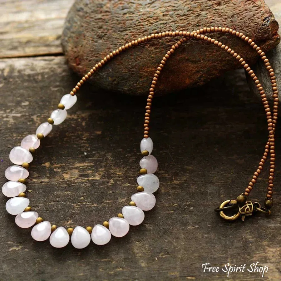 Natural Clear Rose Quartz Teardrop Bead Necklace