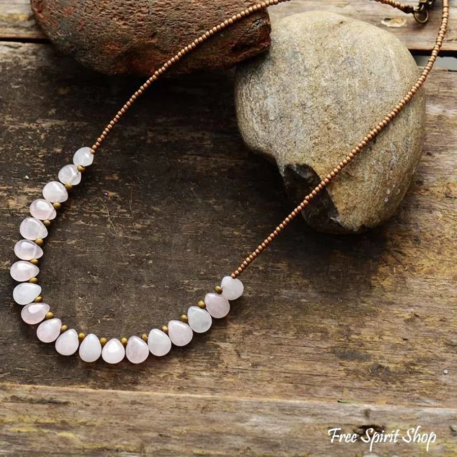 Natural Clear Rose Quartz Teardrop Bead Necklace