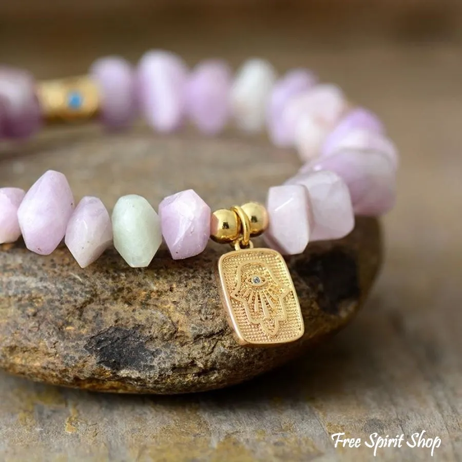 Natural Purple Quartz Hamsa Hand Bead Bracelet