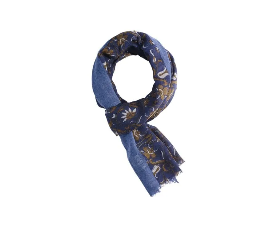 Navy patterned blue grey & camel Wool scarf