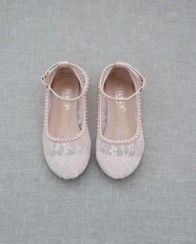 Pink lace ballet flats with mini pearls.