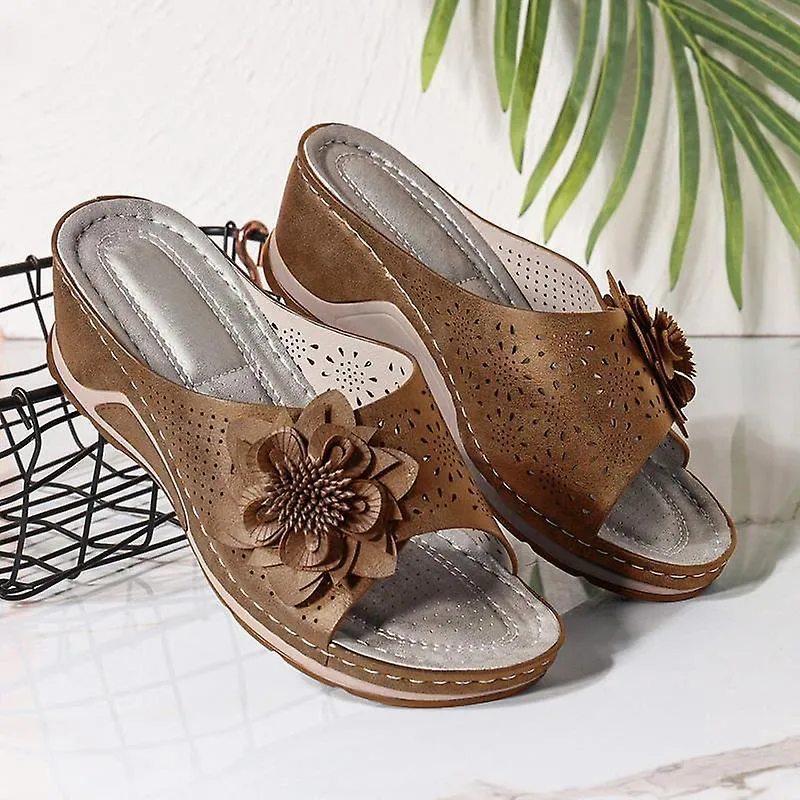 Pu Leather Soft Footbed Orthopedic Arch-support Sandals For Women Hollow Wedge Flower Shoes Summer Supply