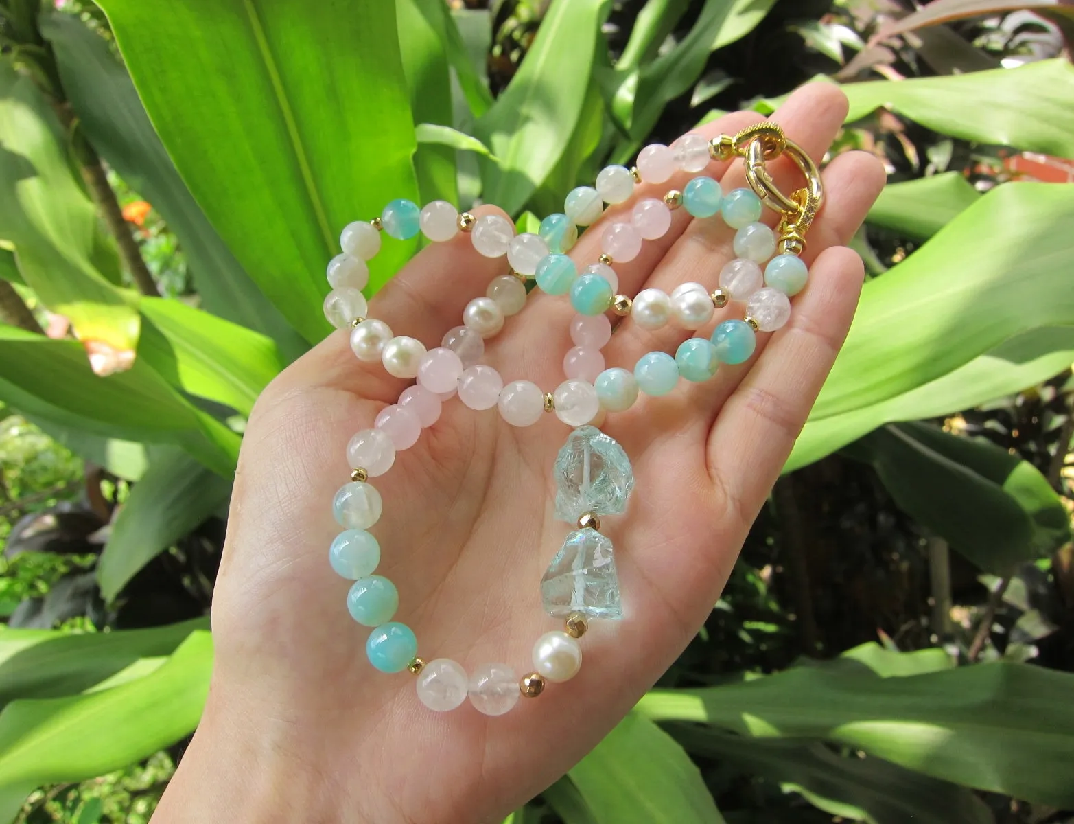 Rose Quartz, Freshwater Pearl, Blue Quartz Necklace