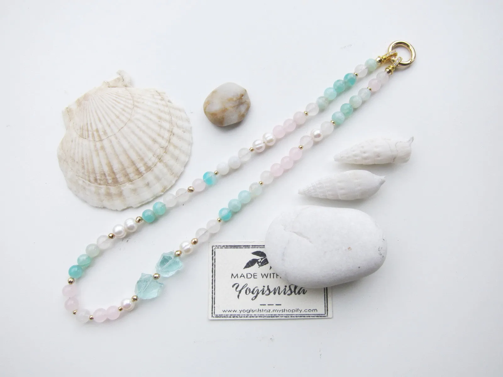 Rose Quartz, Freshwater Pearl, Blue Quartz Necklace