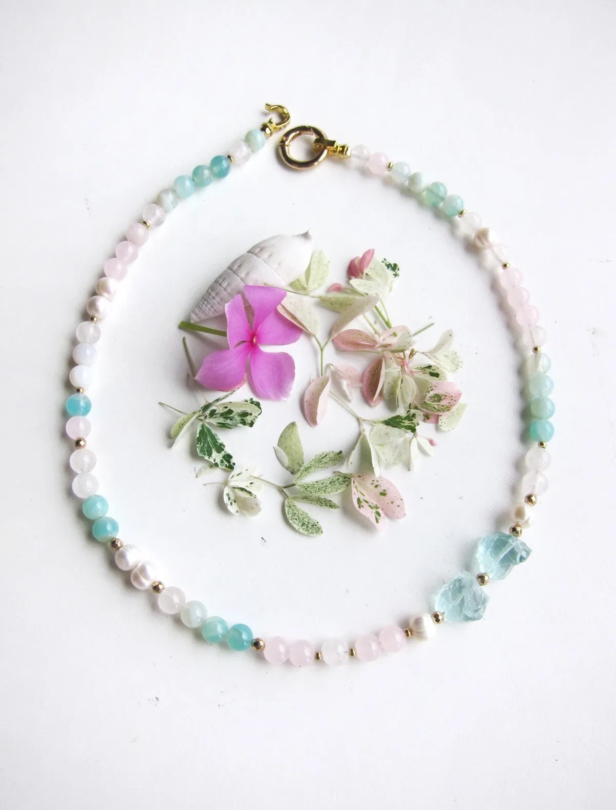 Rose Quartz, Freshwater Pearl, Blue Quartz Necklace