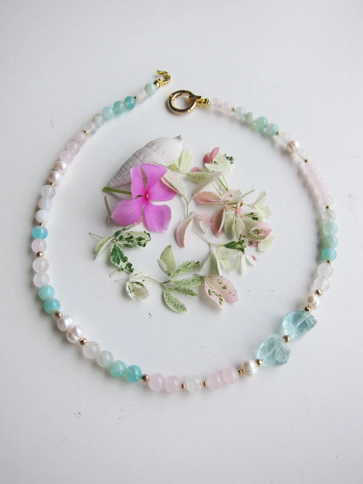 Rose Quartz, Freshwater Pearl, Blue Quartz Necklace