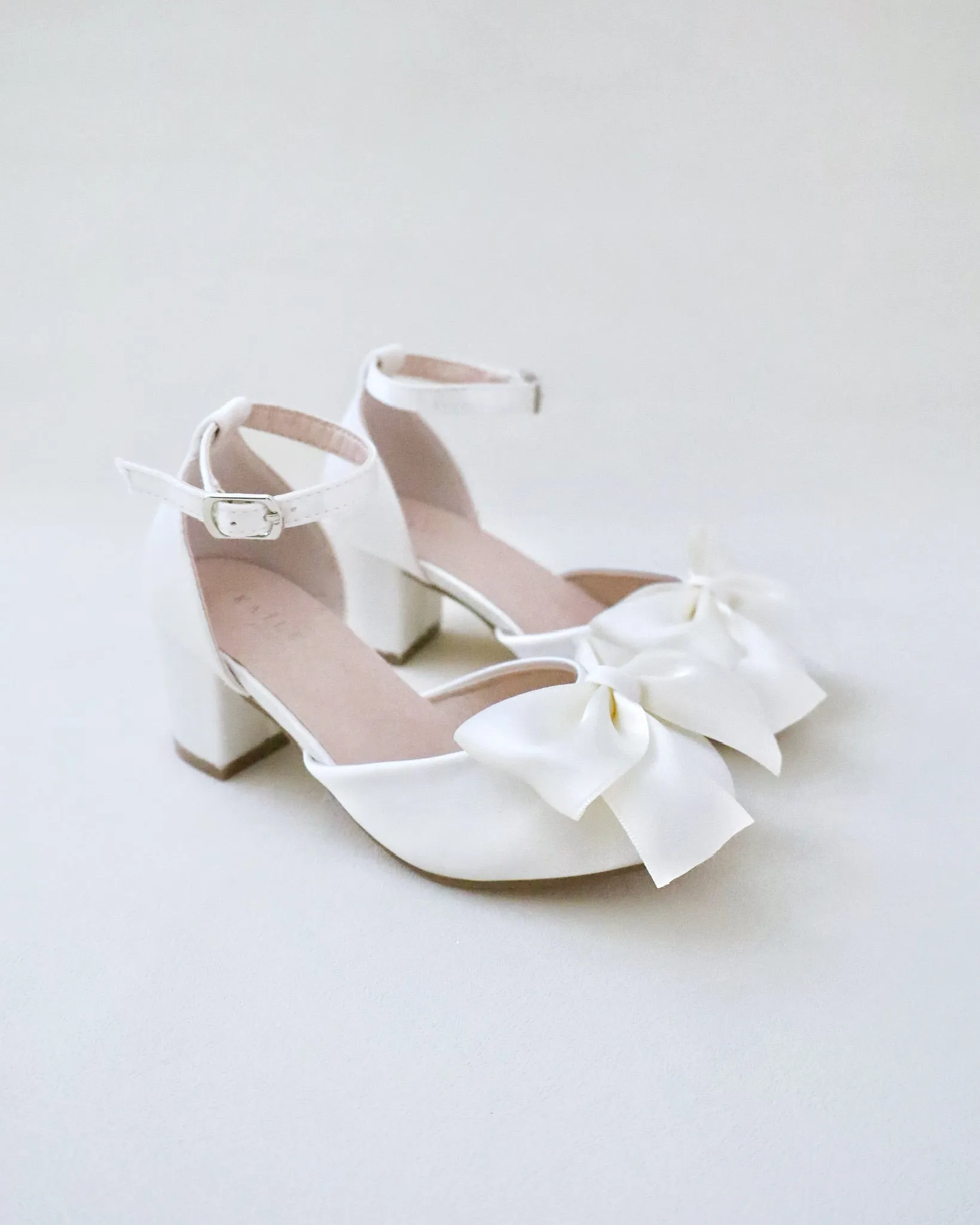 Satin Block Heel Shoes for Girls with Satin Bow