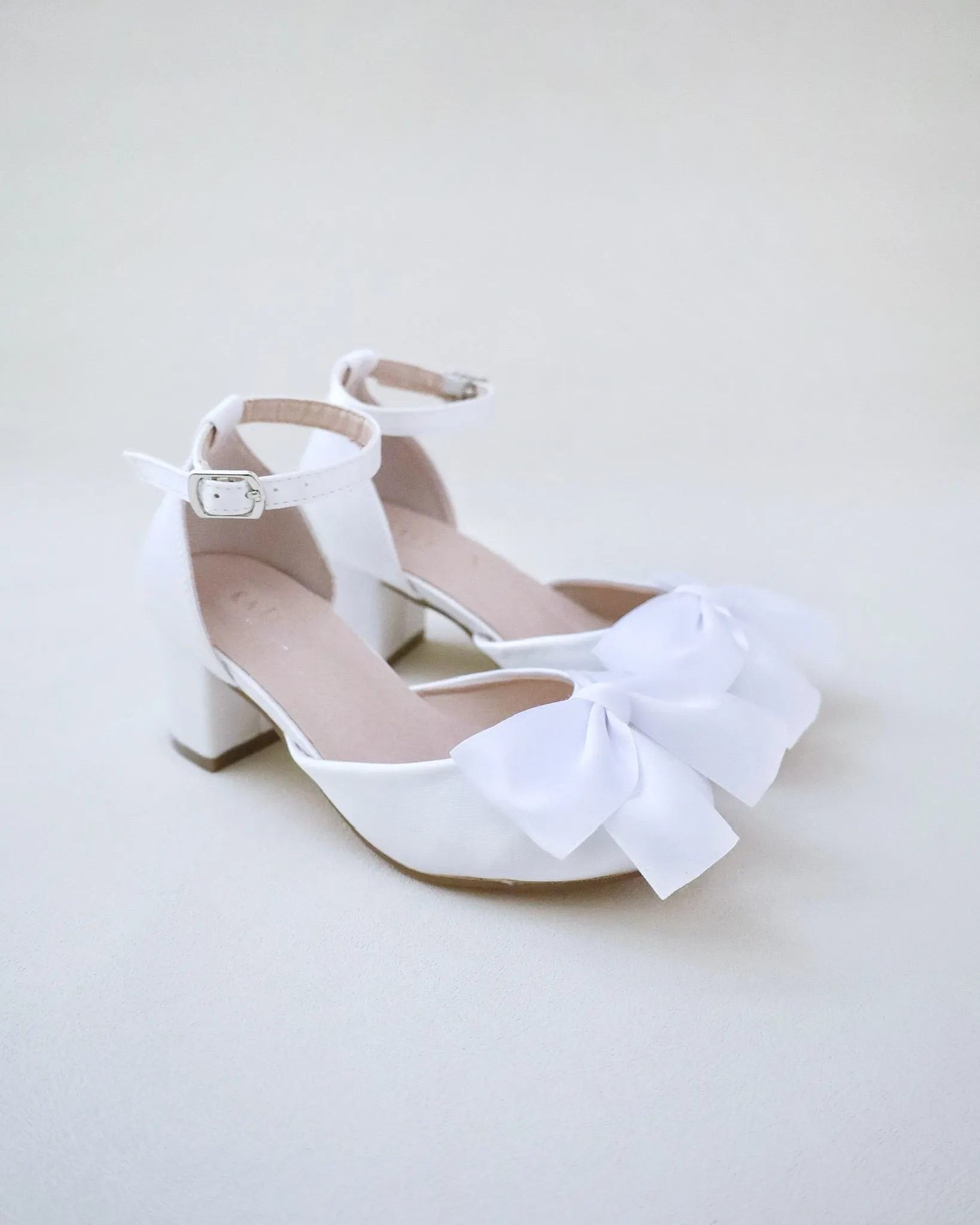 Satin Block Heel Shoes for Girls with Satin Bow