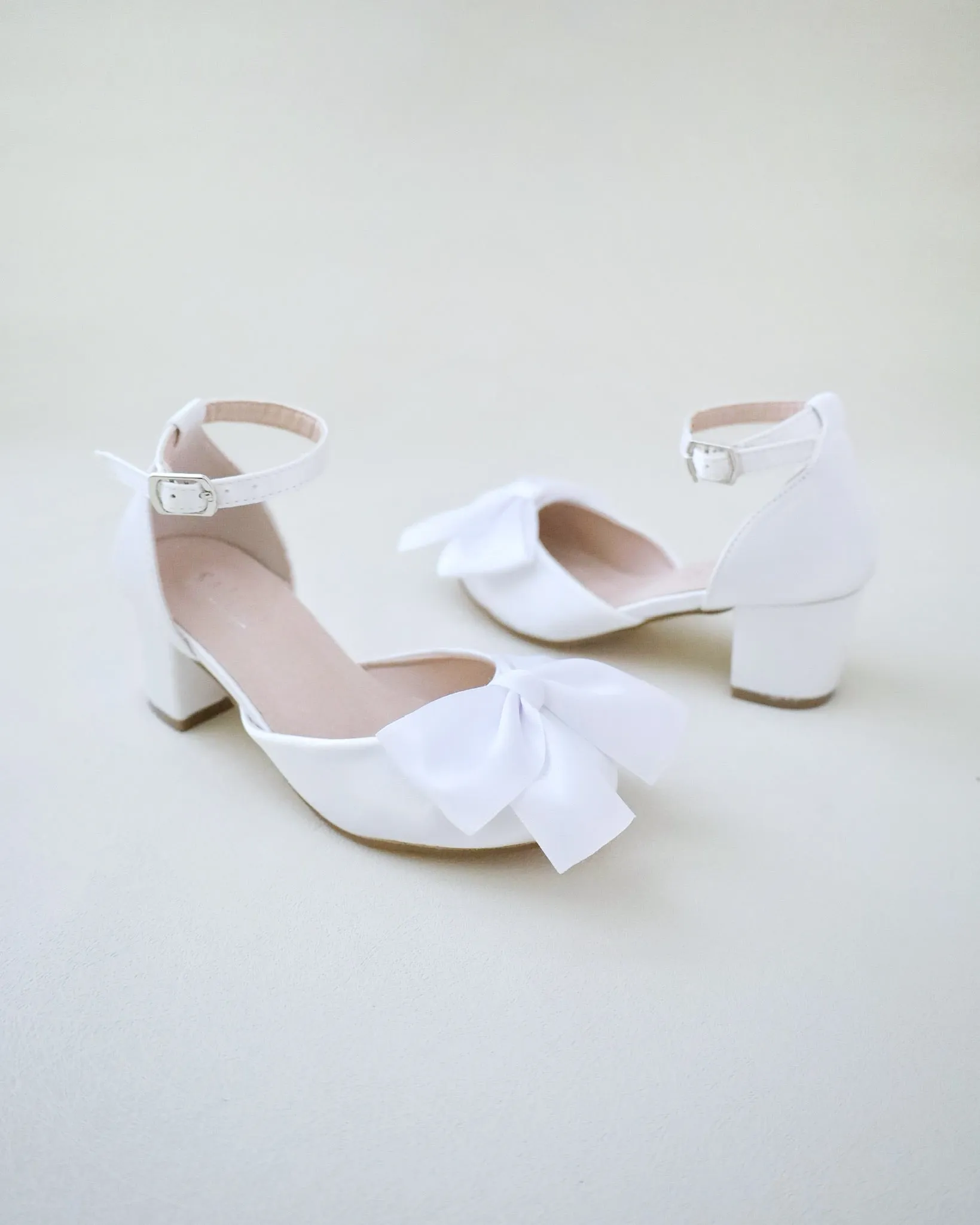 Satin Block Heel Shoes for Girls with Satin Bow