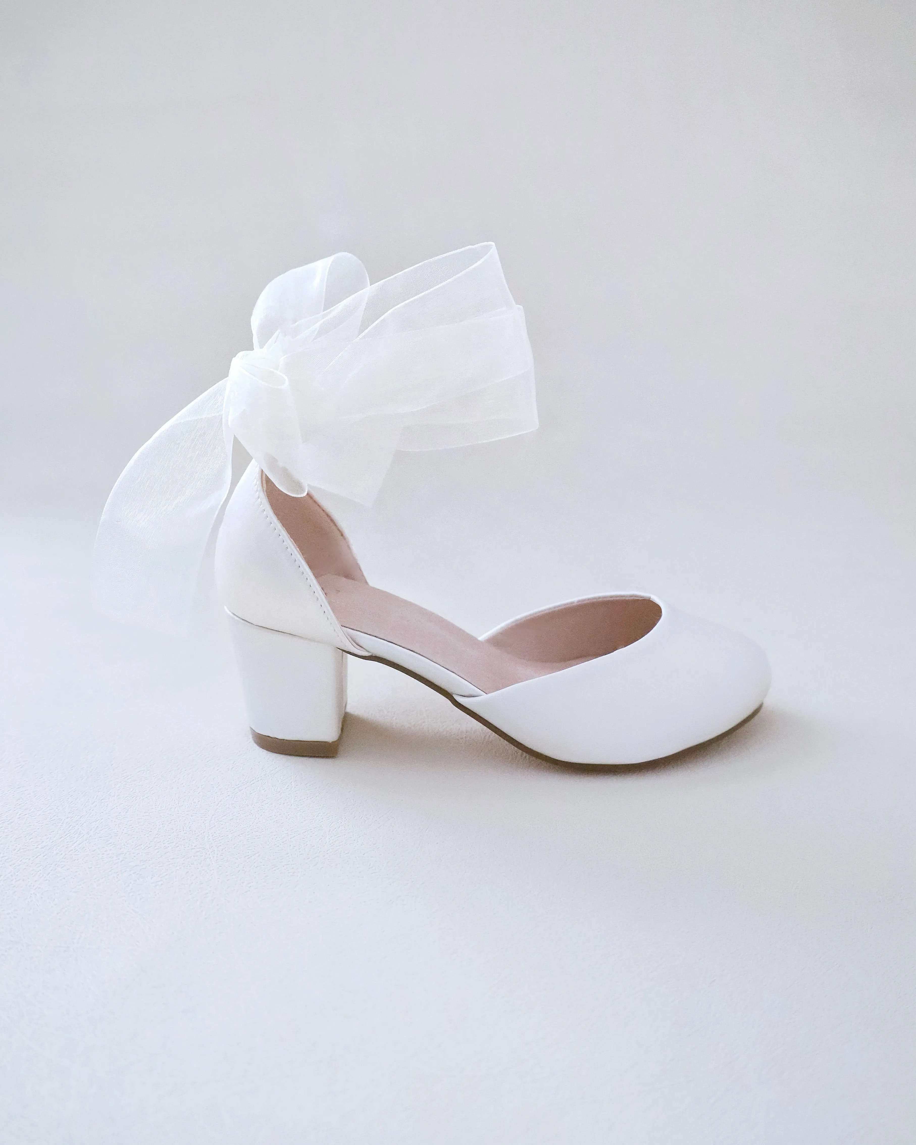 Satiny Block Heel Shoes for Girls with Ankle Tie