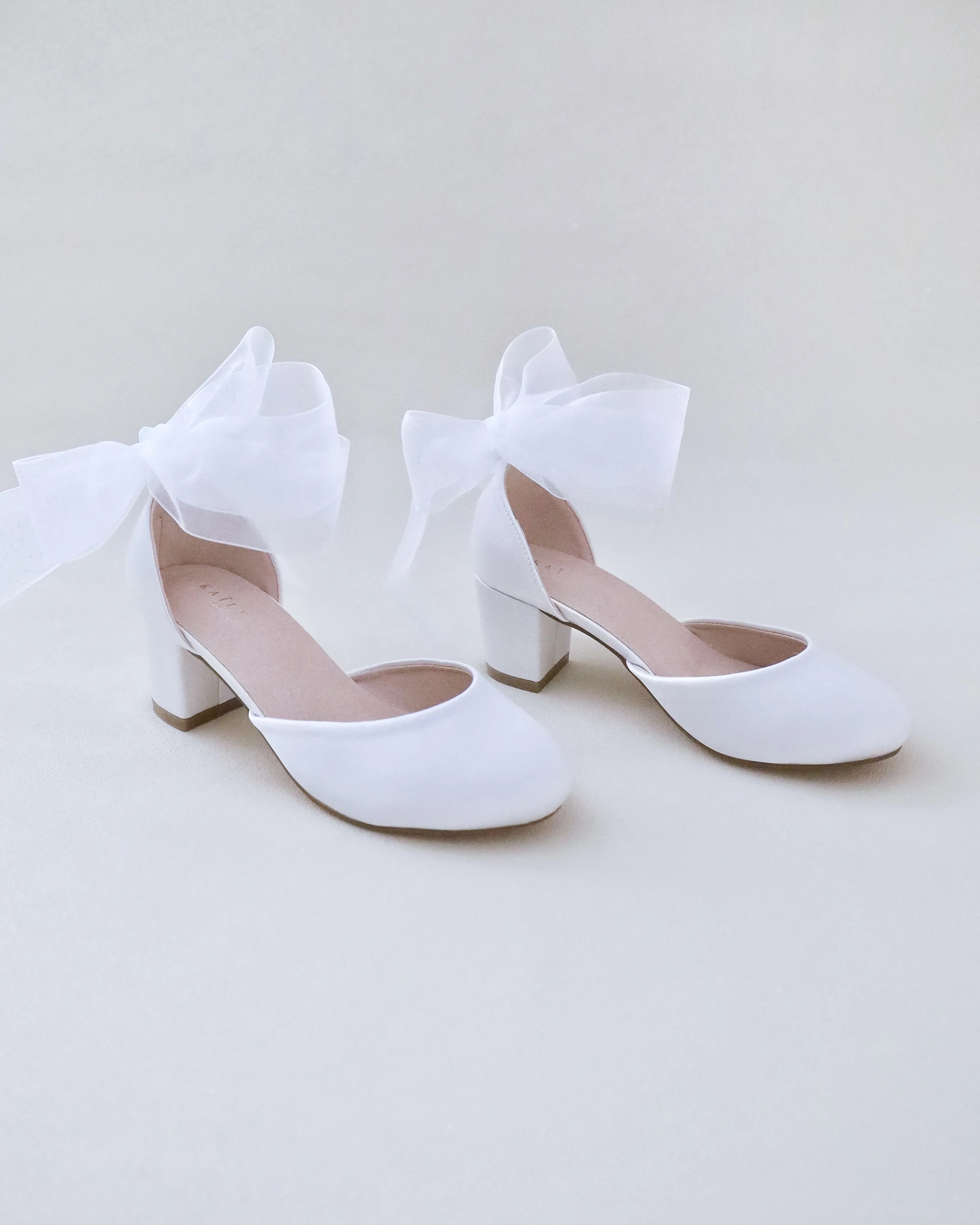 Satiny Block Heel Shoes for Girls with Ankle Tie