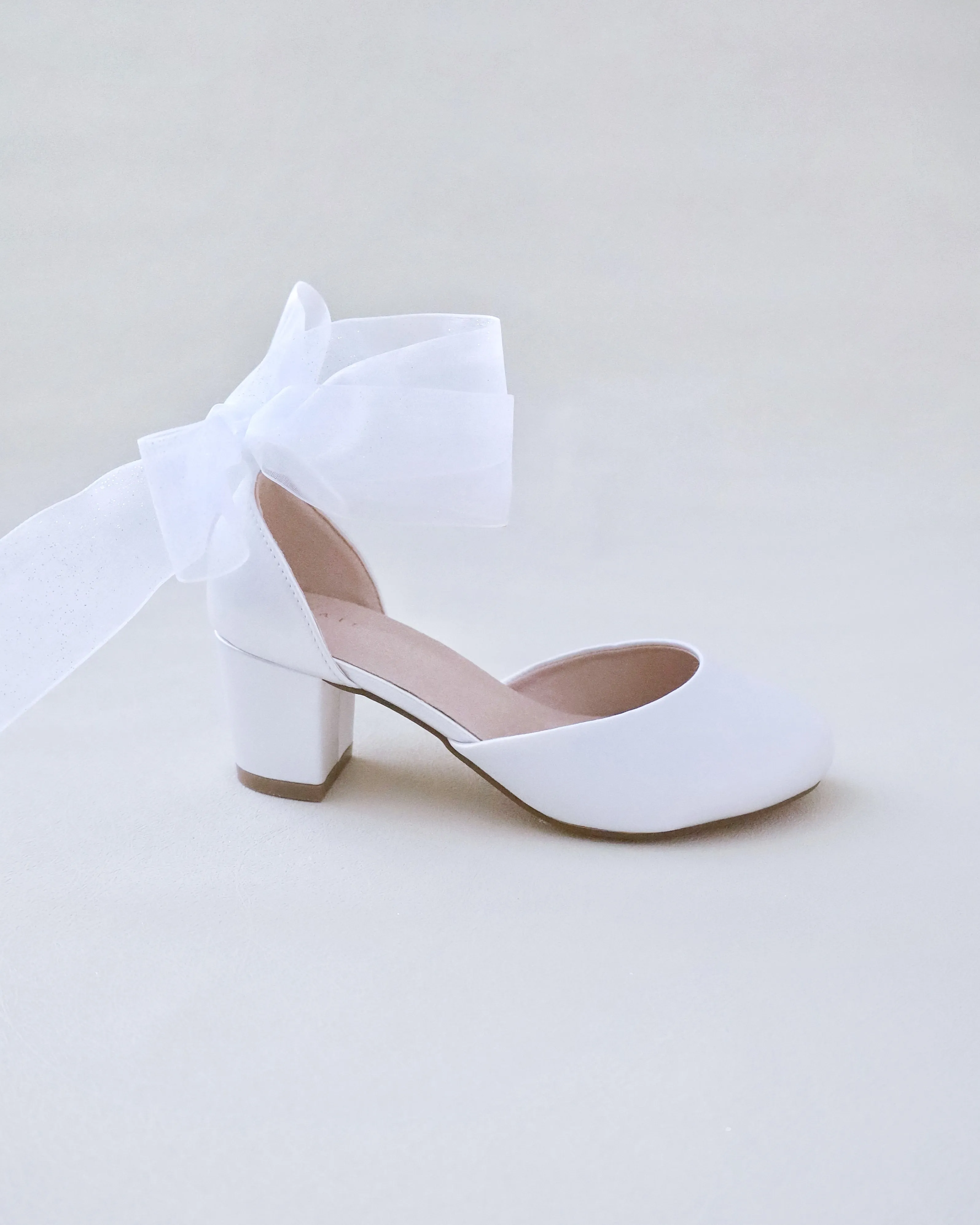 Satiny Block Heel Shoes for Girls with Ankle Tie