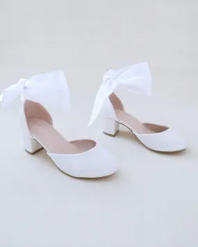 Satiny Block Heel Shoes for Girls with Ankle Tie