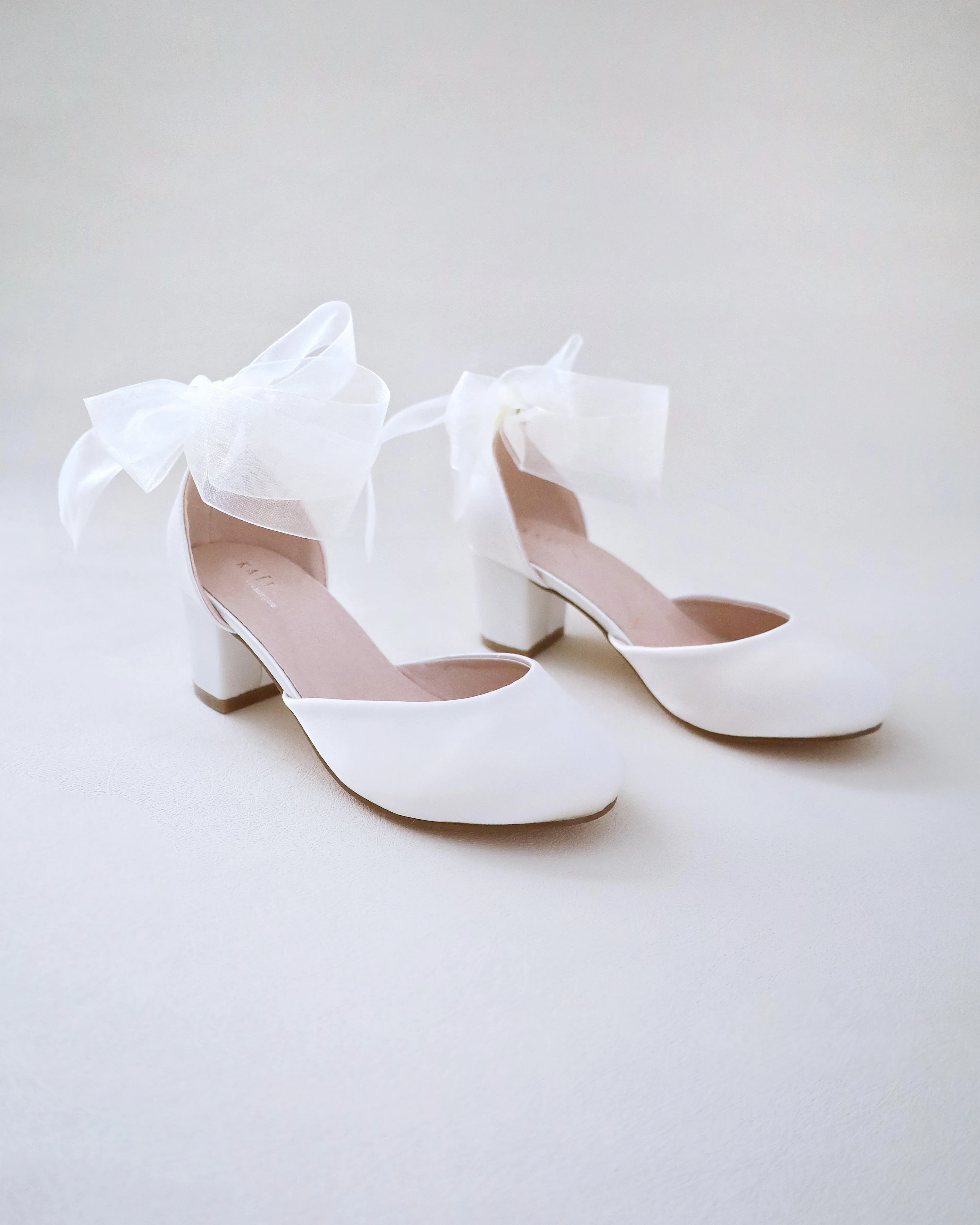 Satiny Block Heel Shoes for Girls with Ankle Tie