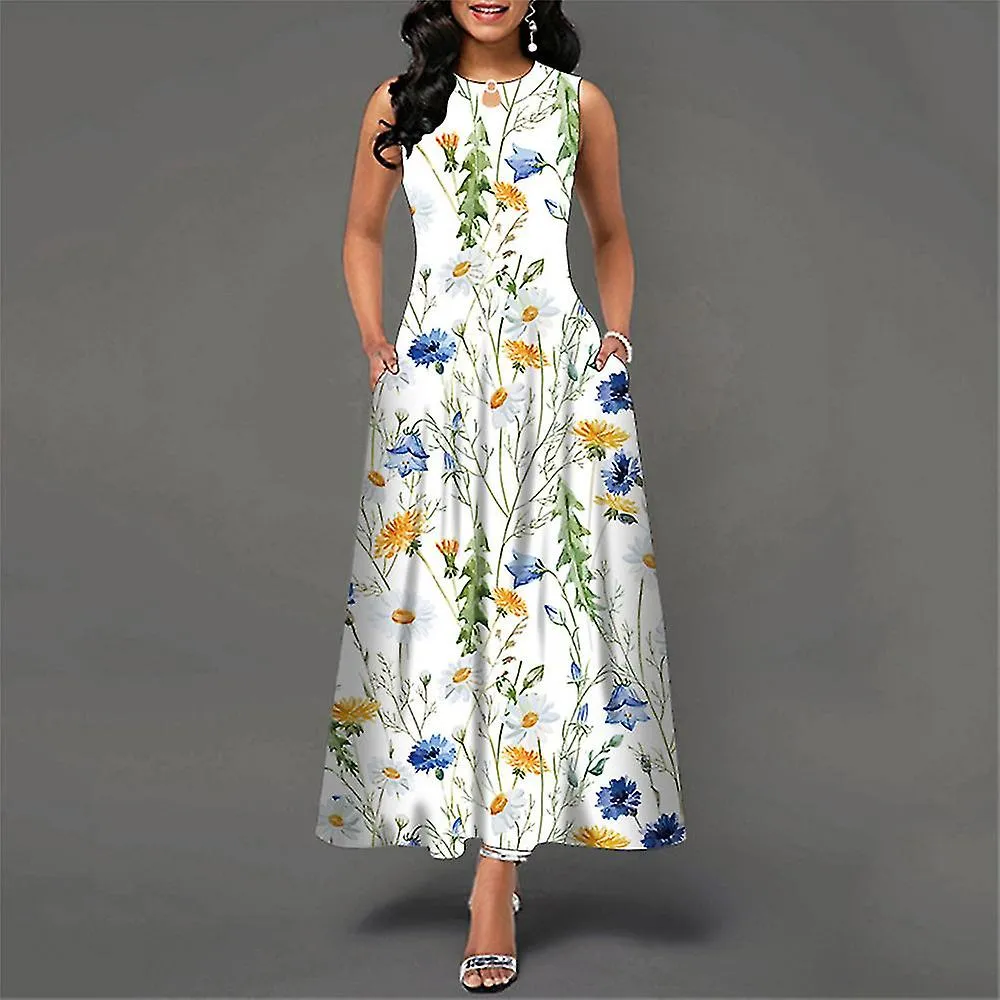 Sleeveless Dresses Long Style Women's Print Hem Round-neck Dress Summer Clothing