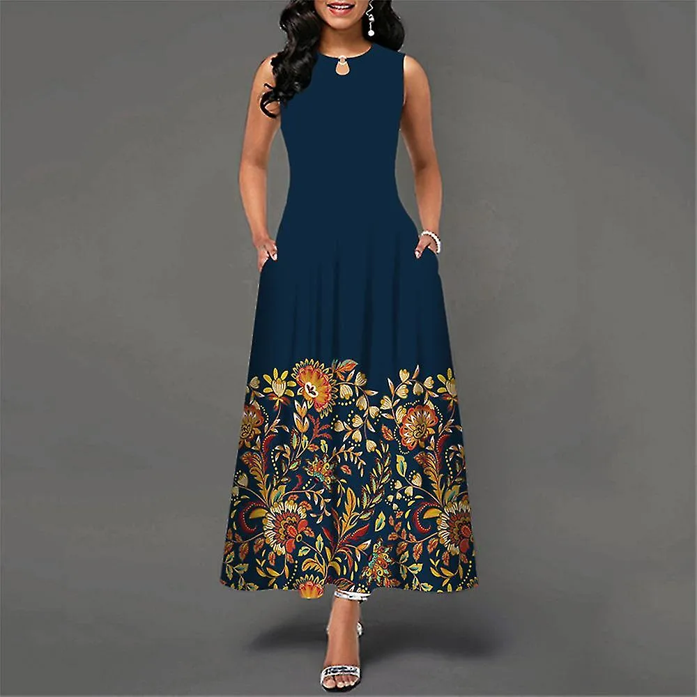 Sleeveless Dresses Long Style Women's Print Hem Round-neck Dress Summer Clothing