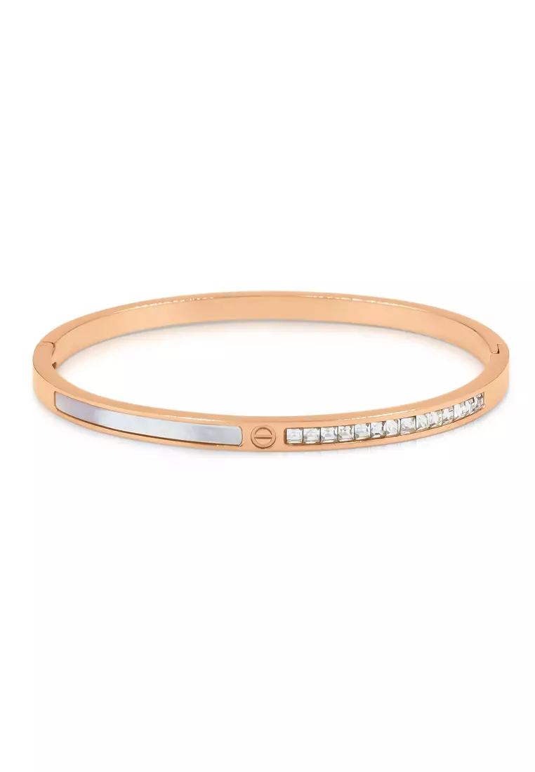 SO SEOUL Claire Mother of Pearl with Square Austrian Crystal Rose Gold Hinged Bangle