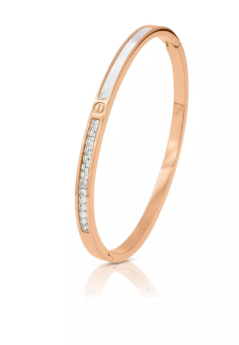 SO SEOUL Claire Mother of Pearl with Square Austrian Crystal Rose Gold Hinged Bangle