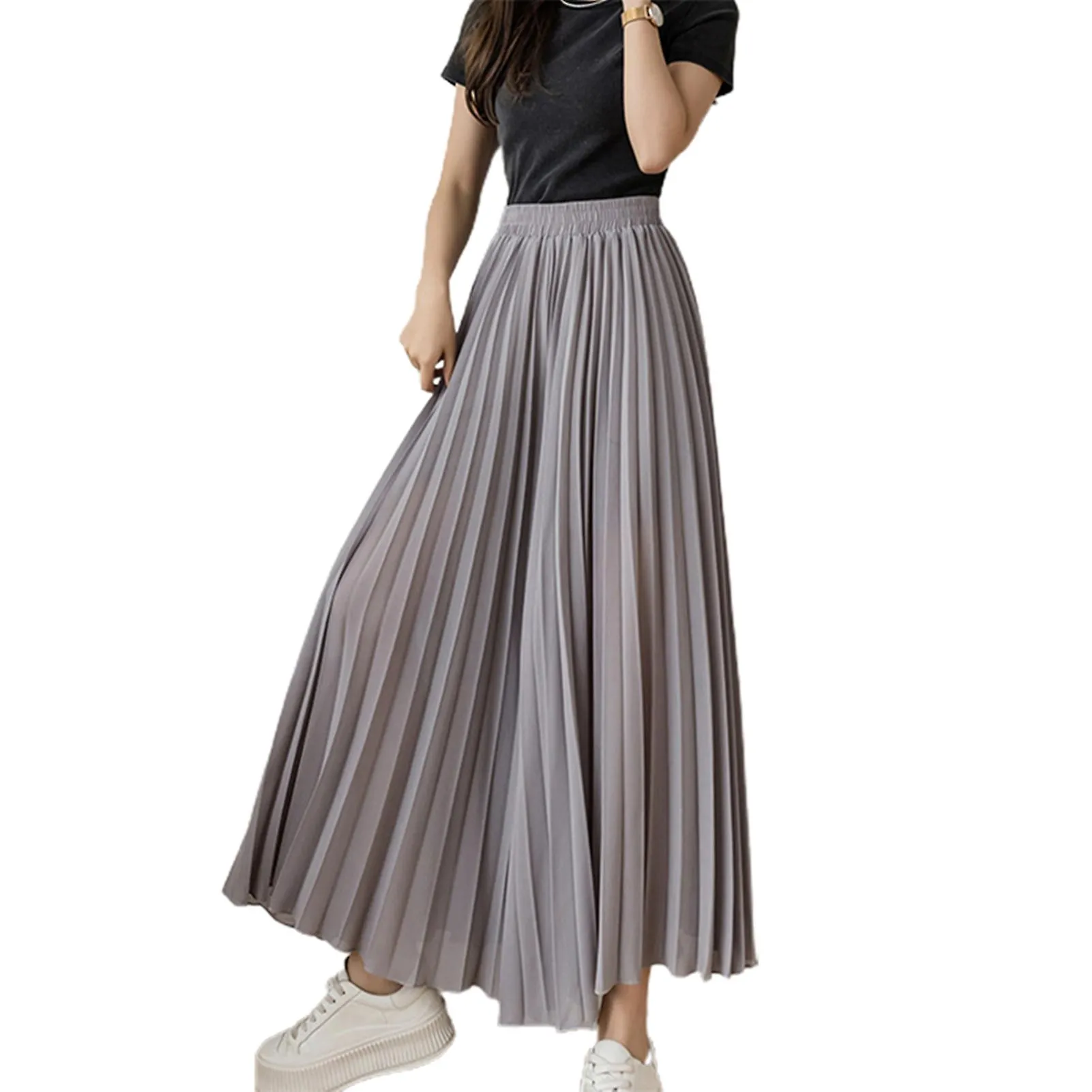 Stylish Pleated Skirt Pants Waist Elastic Pleated Comfy Chiffon Wide Leg Capri Pants