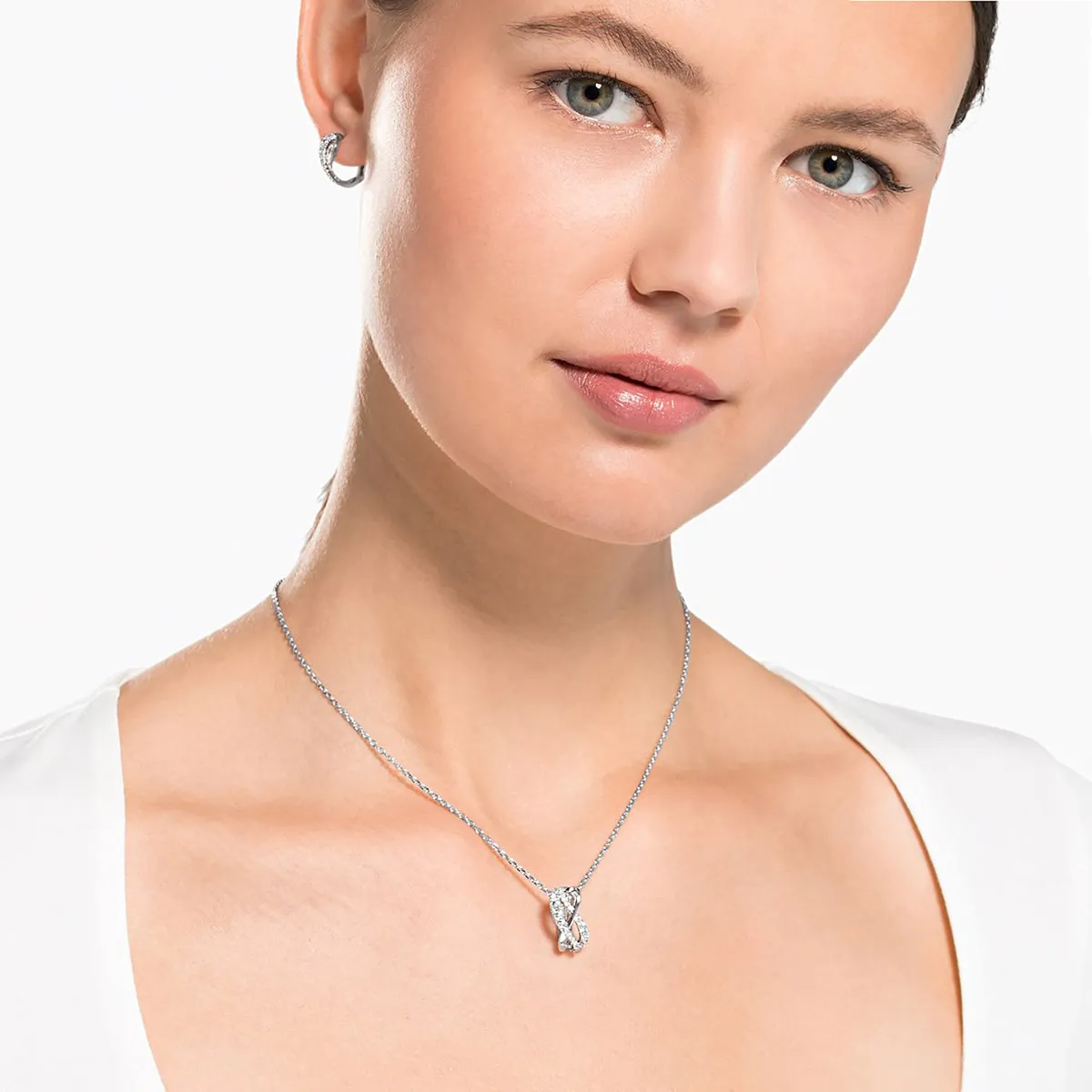 Swarovski Twist Necklace & Earrings Set, White, Rhodium Plated -5579790