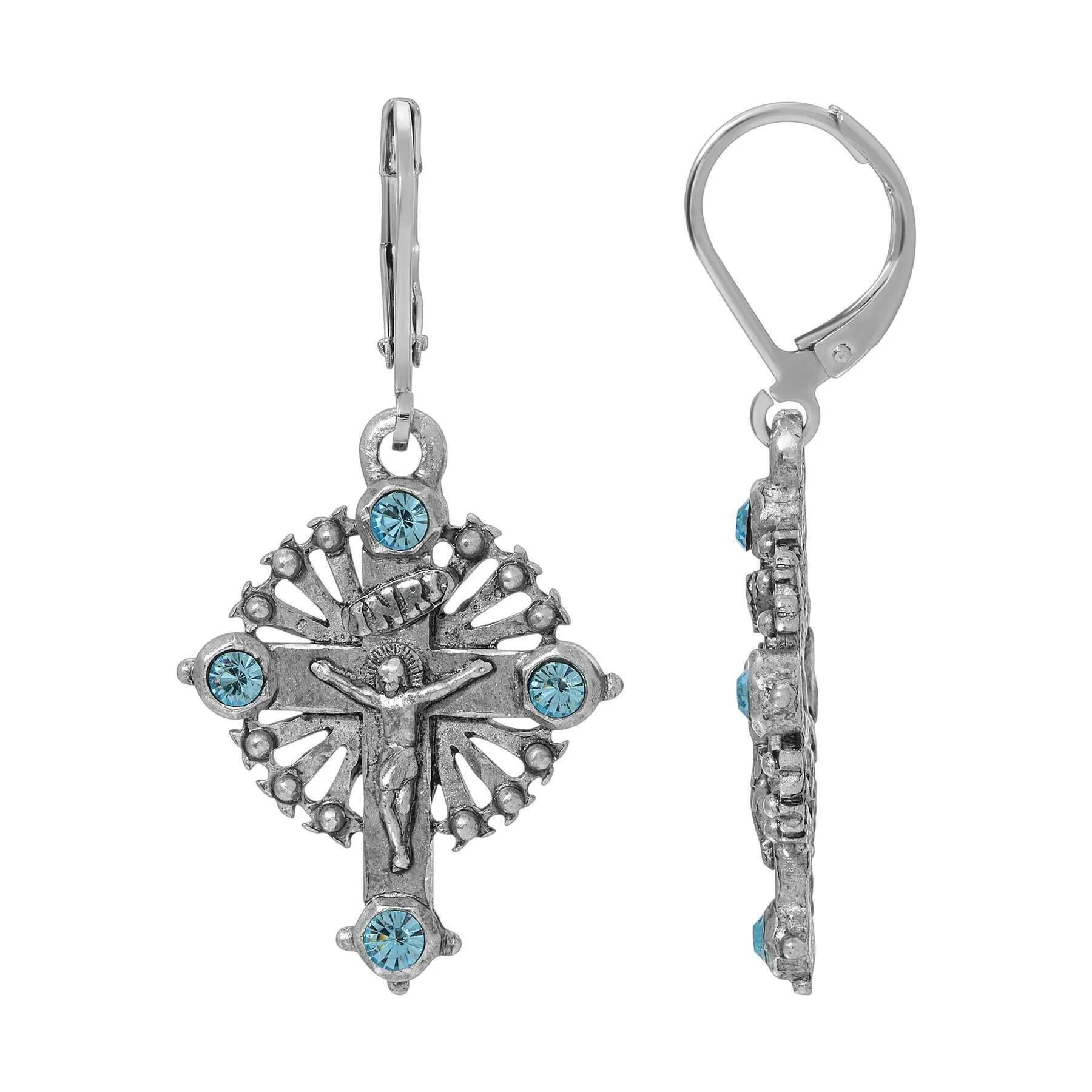 Symbols Of Faith INRI Crucifix Aqua Blue Crystal Drop Earrings