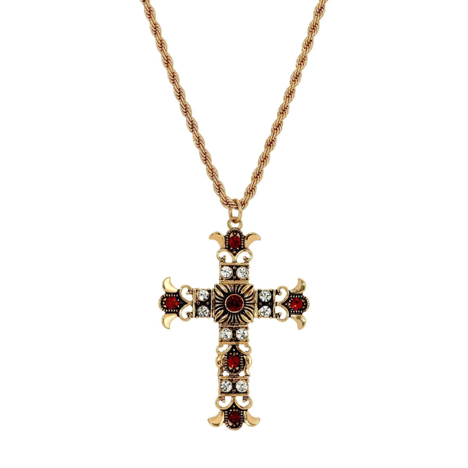 Symbols Of Faith Royal Clear And Red Crystal Cross Pendant Necklace 16 + 3 Extension