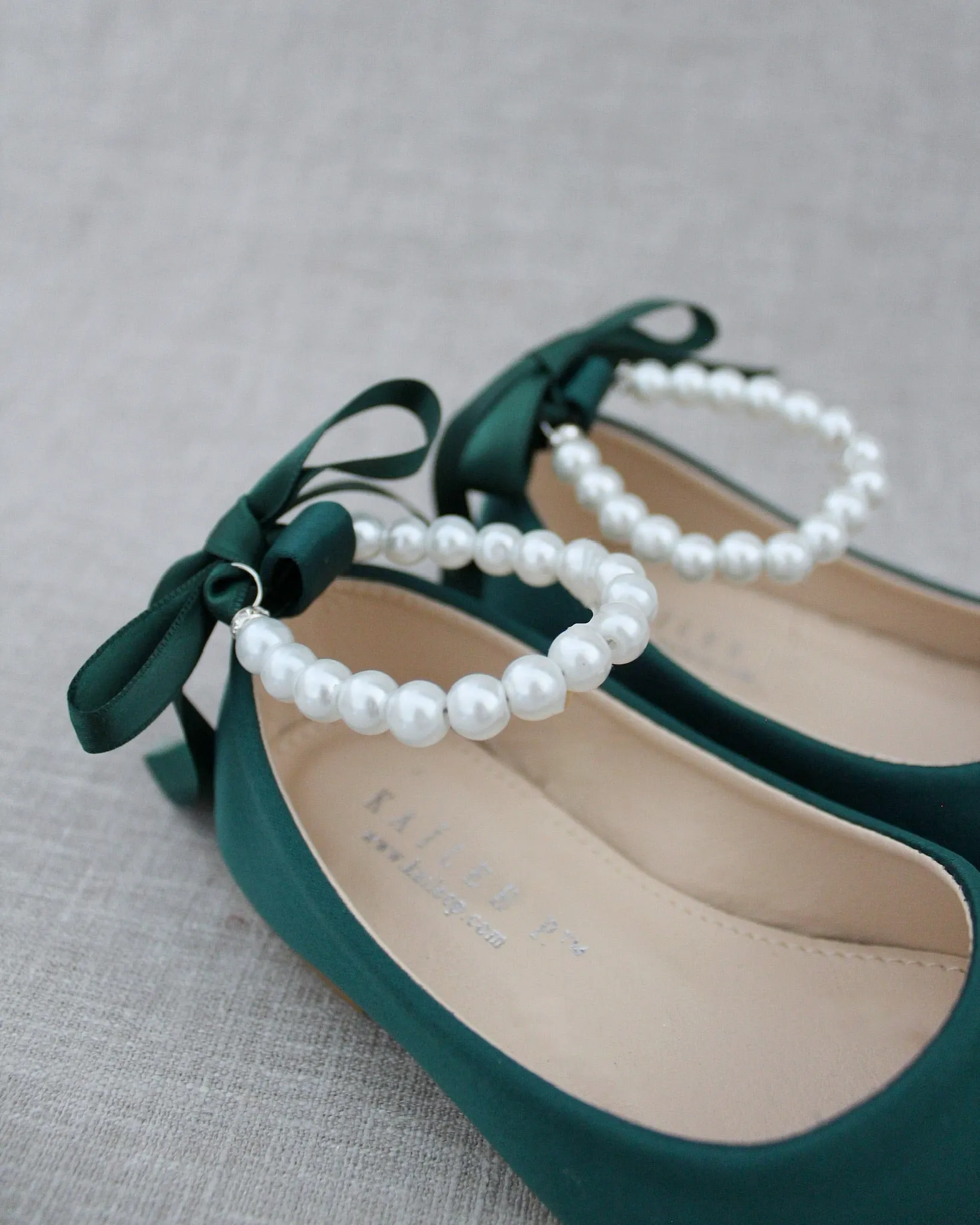 The result is: Satin Flats in Hunter Green with Pearl Ankle Straps