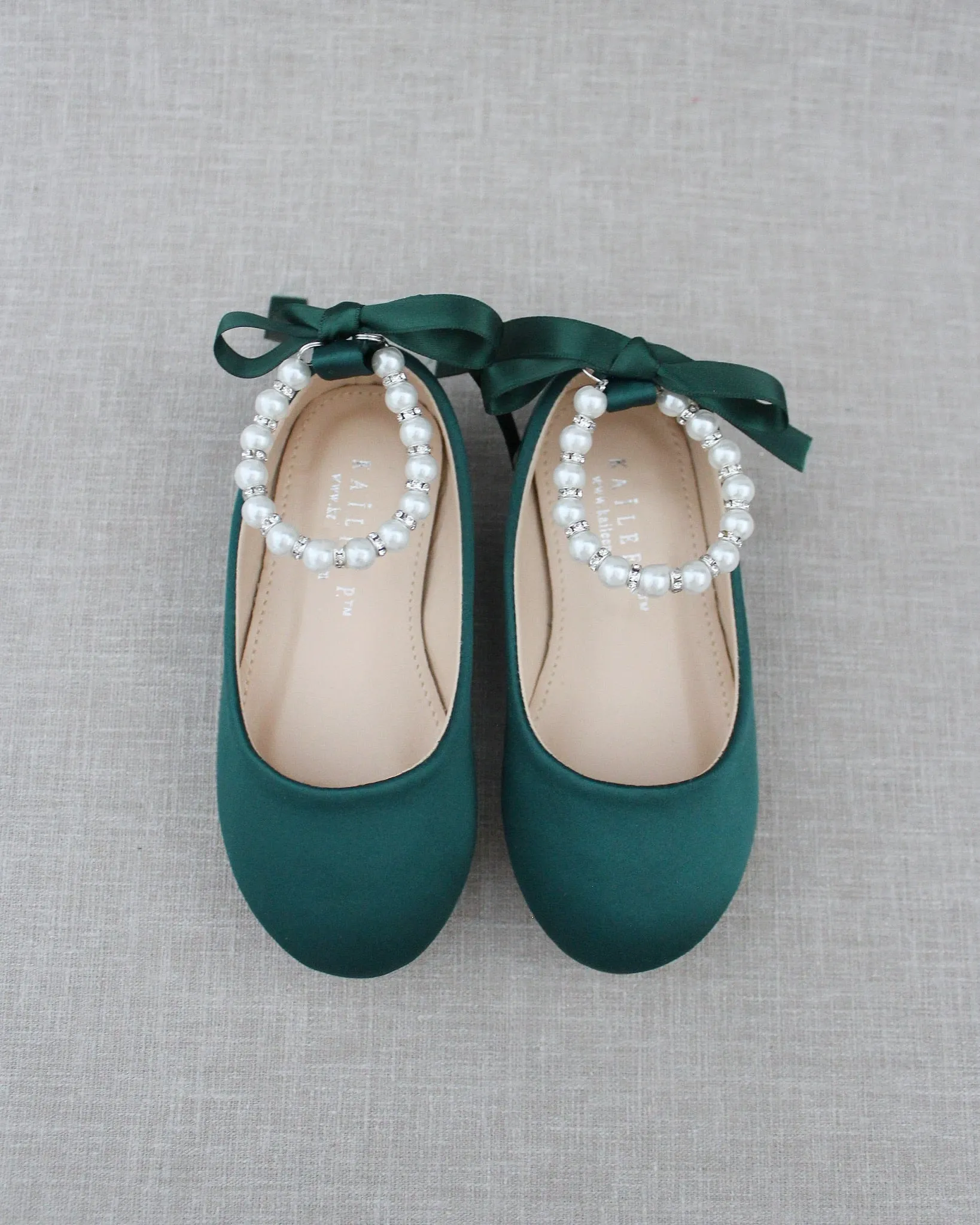 The result is: Satin Flats in Hunter Green with Pearl Ankle Straps