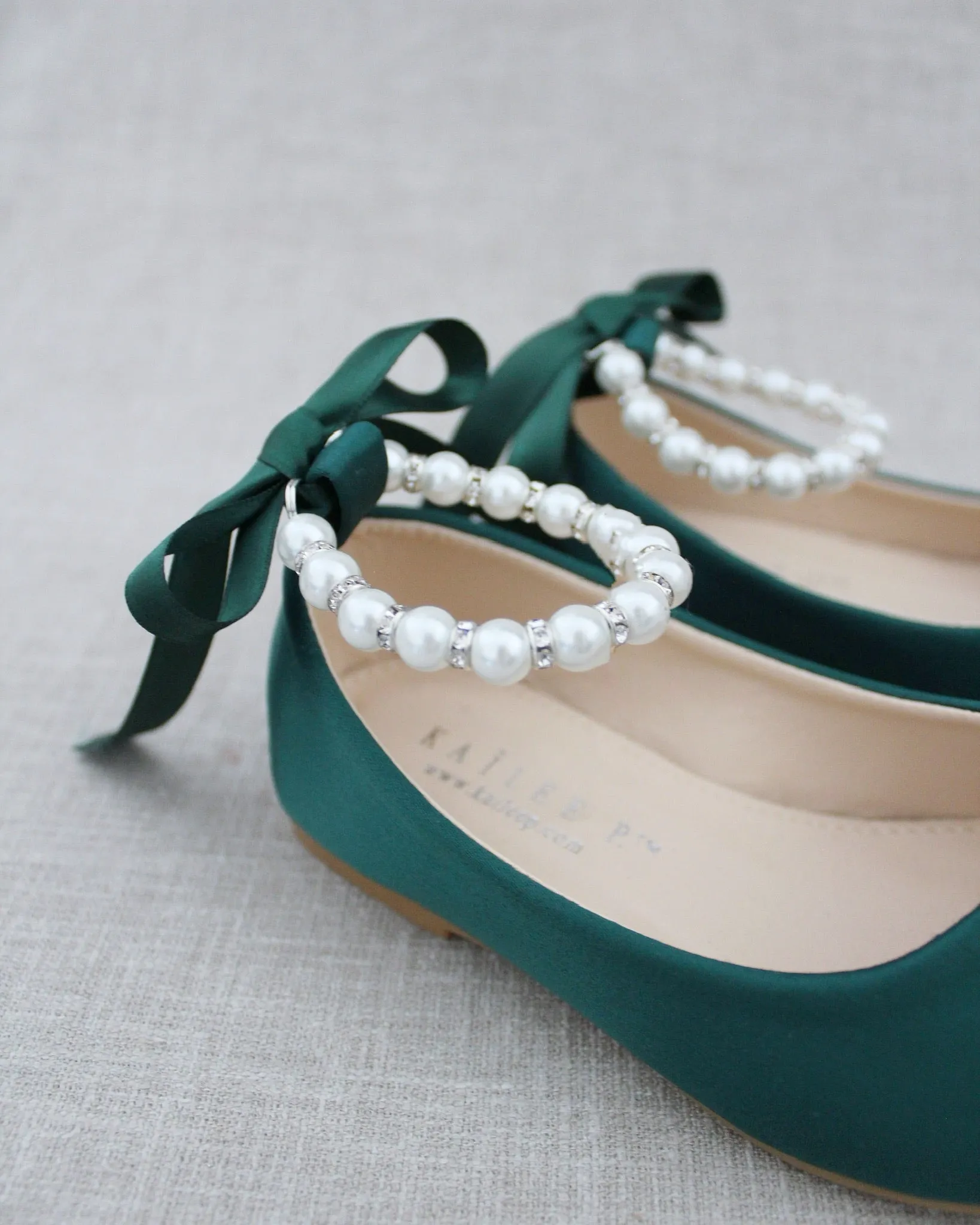 The result is: Satin Flats in Hunter Green with Pearl Ankle Straps