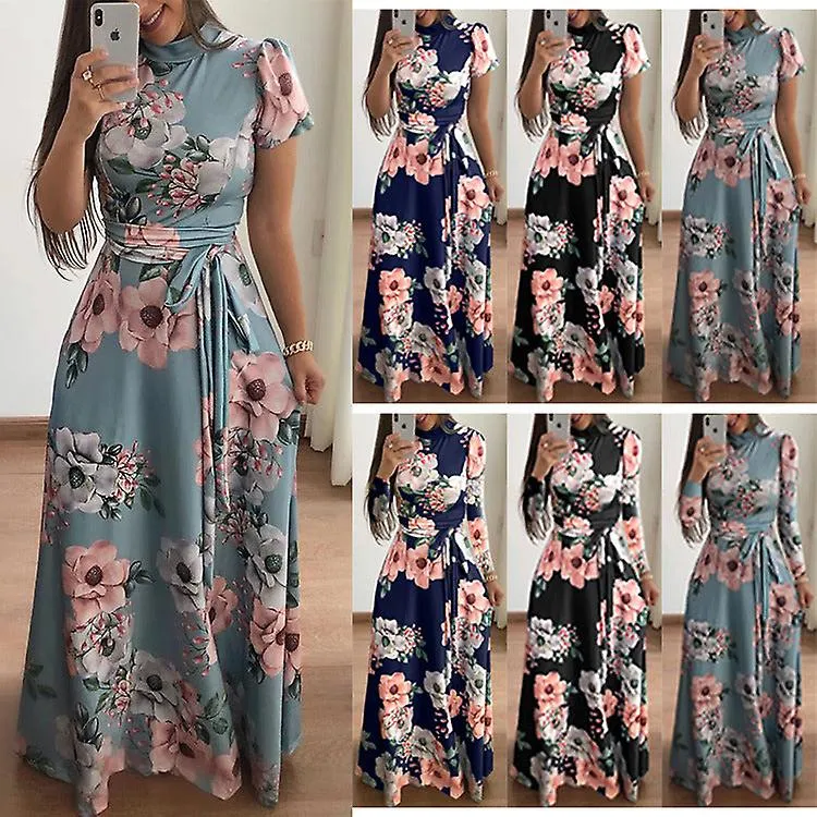 Women summer dress spring/summer flower print short sleeve large swing dress women's clothing