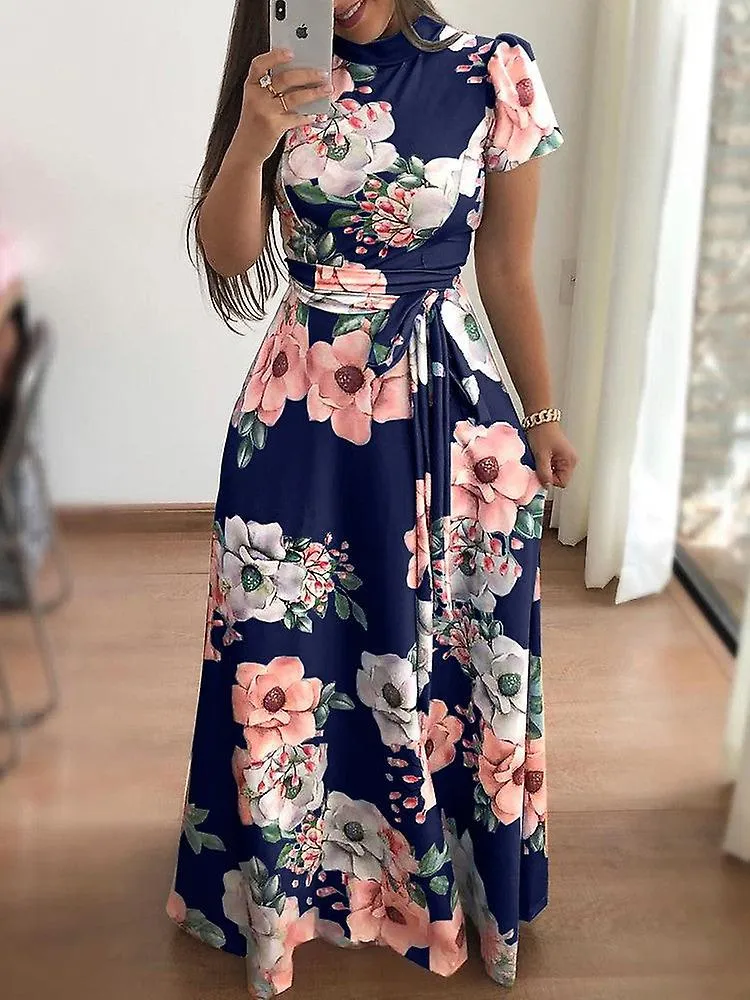 Women summer dress spring/summer flower print short sleeve large swing dress women's clothing