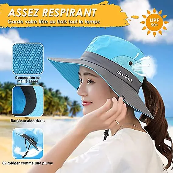 Women's Sun Hat Outdoor Summer Hat Hiking UV Protection Wide Brim Mesh Ponytail Hat Suitable for Hiking Blue