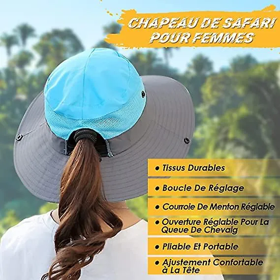 Women's Sun Hat Outdoor Summer Hat Hiking UV Protection Wide Brim Mesh Ponytail Hat Suitable for Hiking Blue